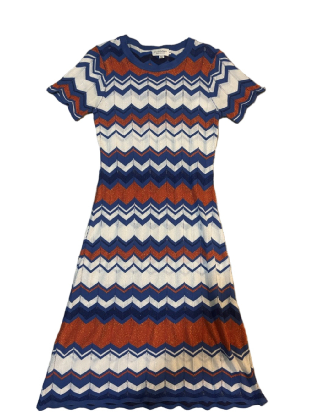 Women's Lili Sidonio Blue Orange White Chevron Knit Midi Dress XS